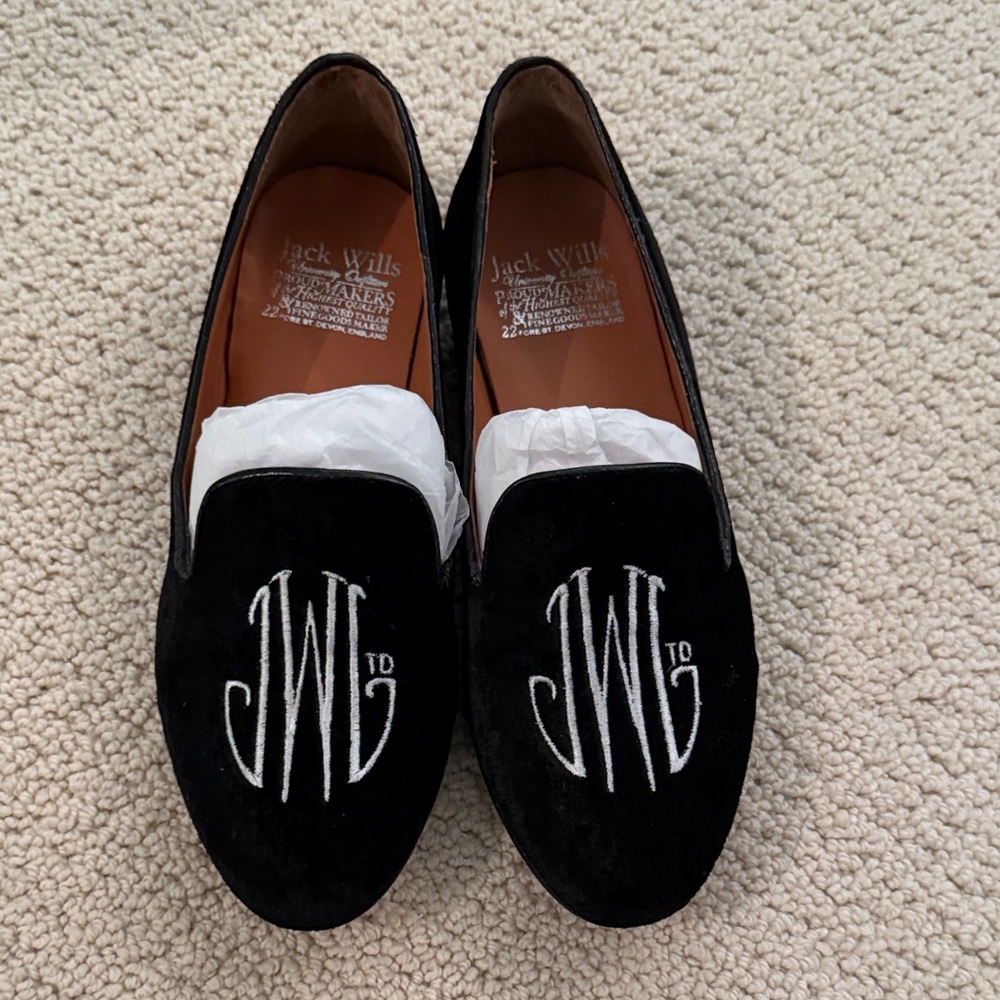 Jack Wills Black Velvet Loafers with White Embroidery